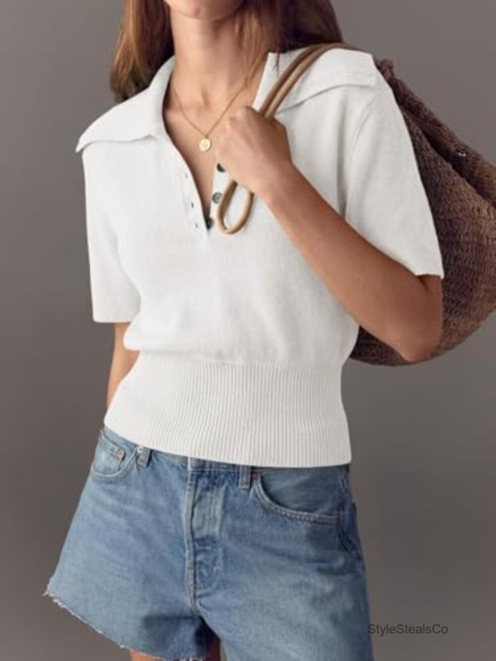Polo Sweater Top Short Sleeve V-Neck Collared Ribbed Hem Women's - Picture 3 of 6